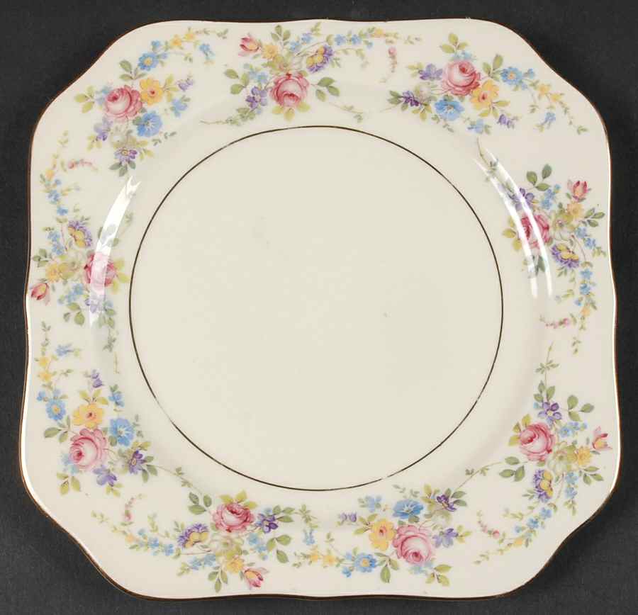 Queens Rose (Smooth, Gold Scrolls) Square Salad Plate by Royal Ivory (Czech, Germany)-1