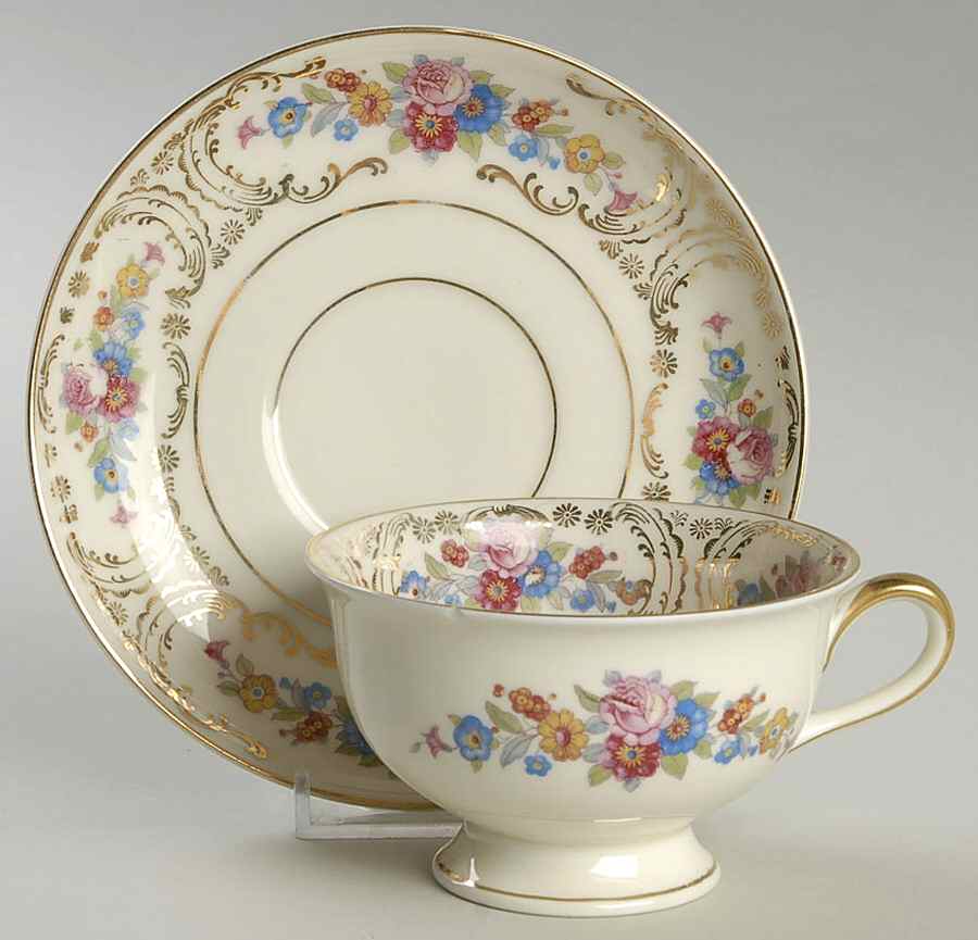 Queens Rose (Smooth, Gold Scrolls) Footed Cup & Saucer Set by Royal Ivory (Czech, Germany)-1