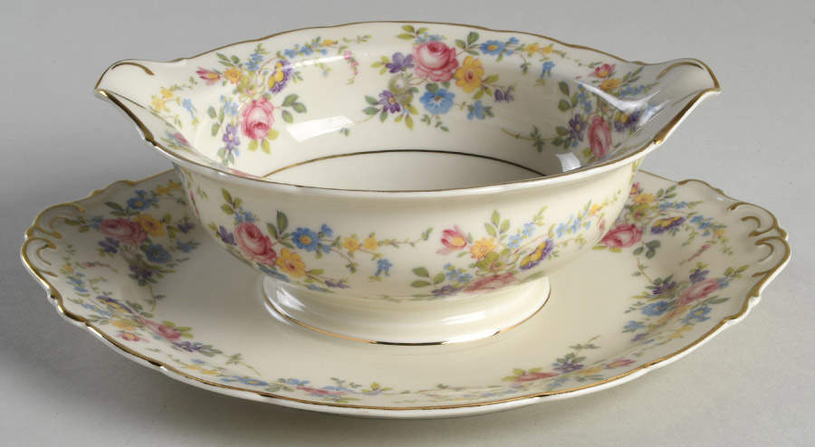 Queens Rose (Scalloped, No Gold Scrolls) Gravy Boat with Attached Underplate by Royal Ivory (Czech, Germany)-1