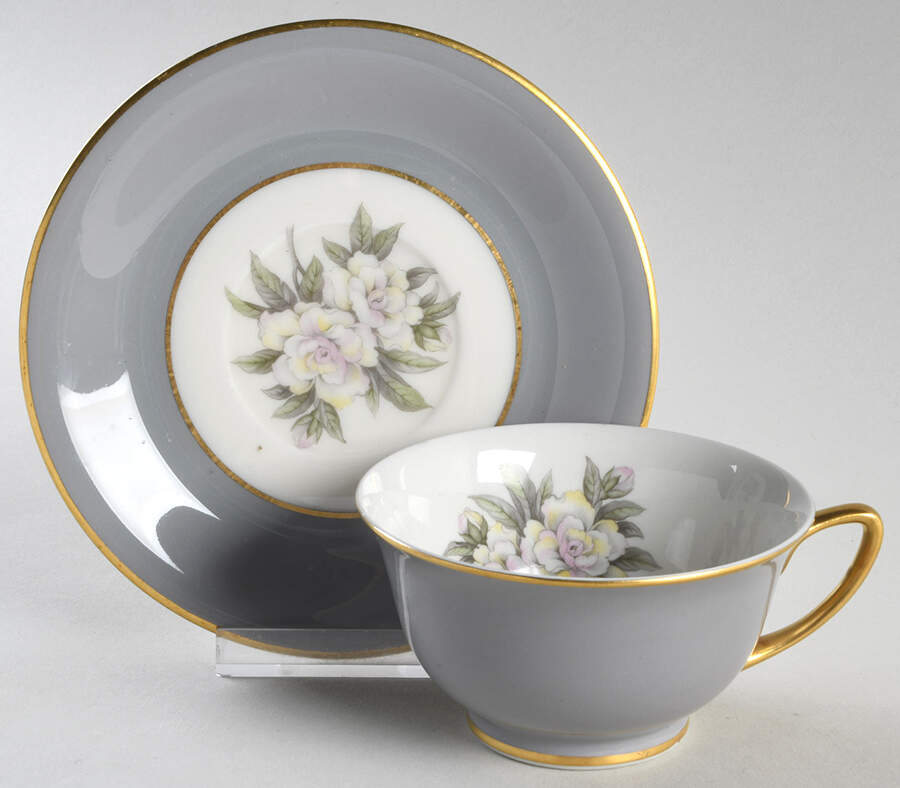 Countess Heirloom Gray (Gold Trim) Footed Cup & Saucer Set by Royal Jackson-1