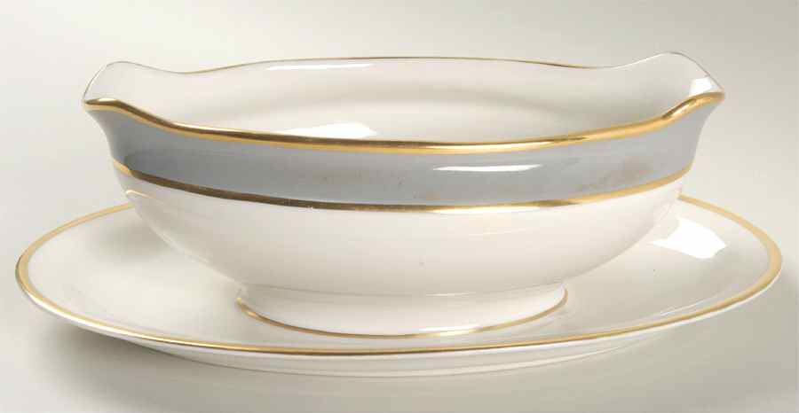 Countess Heirloom Gray (Gold Trim) Gravy Boat with Attached Underplate by Royal Jackson-1