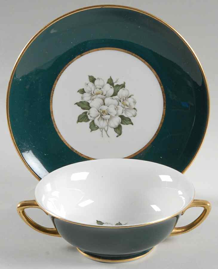 Countess Madison Teal Green Footed Cream Soup Bowl & Saucer Set by Royal Jackson-1