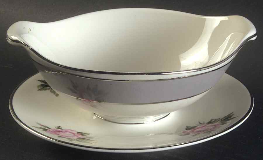 Countess Margaret Rose Gray (Platinum Trim) Gravy Boat with Attached Underplate by Royal Jackson-1