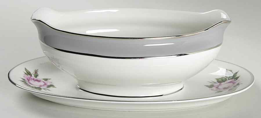 Countess Margaret Rose Gray (Platinum Trim) Gravy Boat with Attached Underplate by Royal Jackson-1