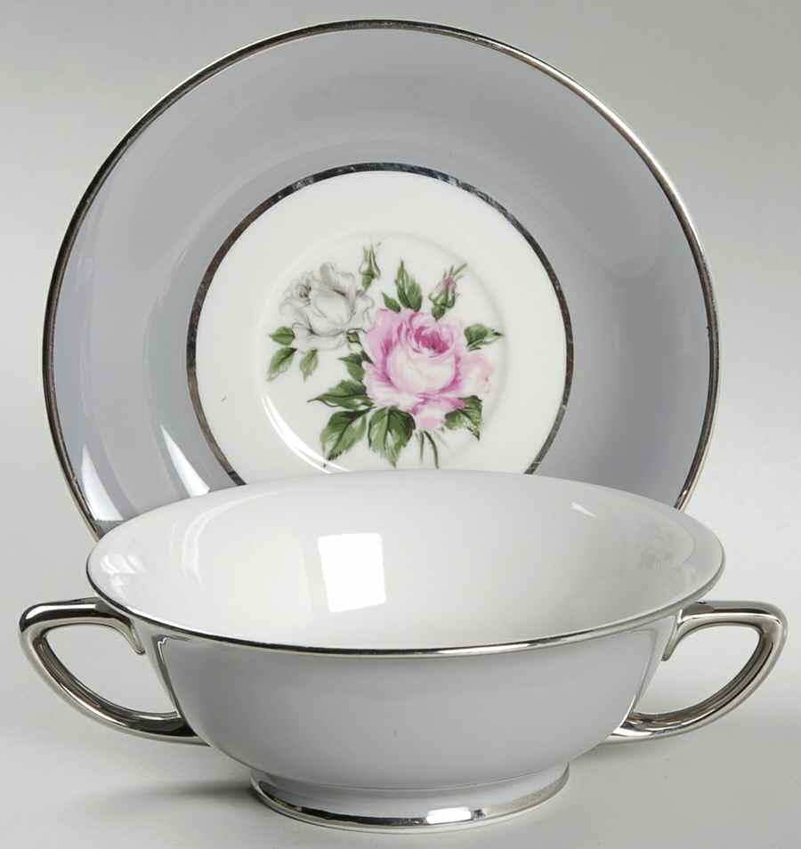 Countess Margaret Rose Gray (Platinum Trim) Footed Cream Soup Bowl & Saucer Set by Royal Jackson-1