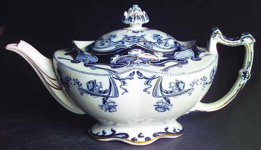 Iris Blue (Flow Blue) Teapot & Lid by Arthur J Wilkinson-1