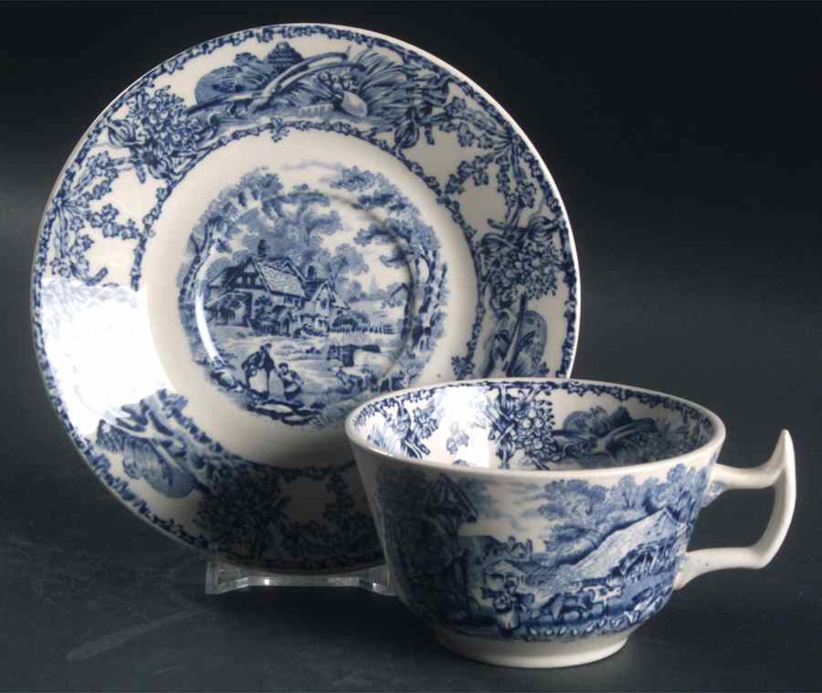 Rural Scenes Blue (Round) Flat Cup & Saucer Set by Arthur J Wilkinson-1