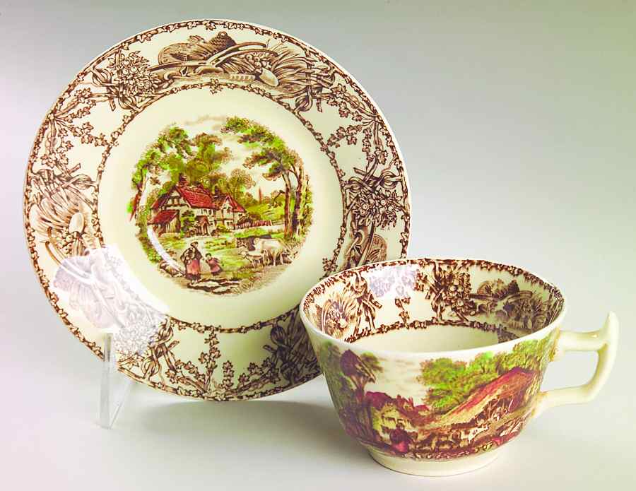 Rural Scenes Brown Multicolor Flat Cup & Saucer Set by Arthur J Wilkinson-1