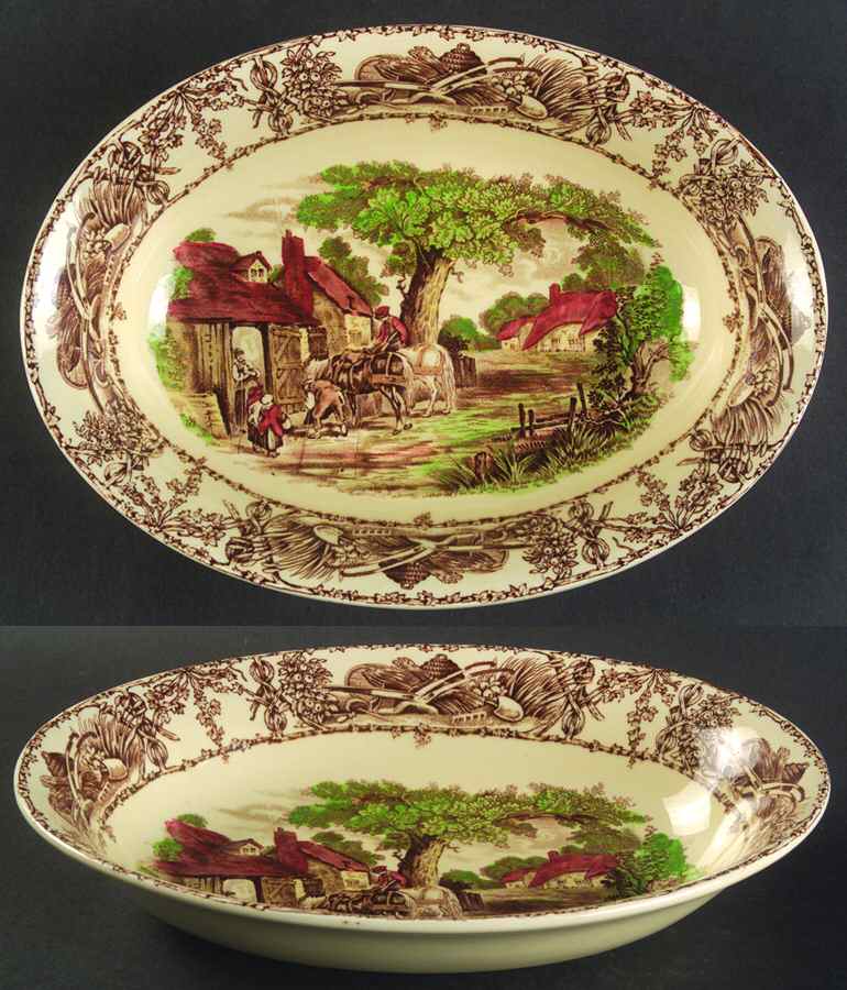 Rural Scenes Brown Multicolor 10" Oval Vegetable Bowl by Arthur J Wilkinson-1