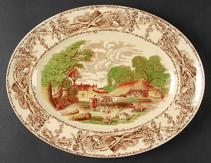 Rural Scenes Brown Multicolor 14" Oval Serving Platter by Arthur J Wilkinson-1
