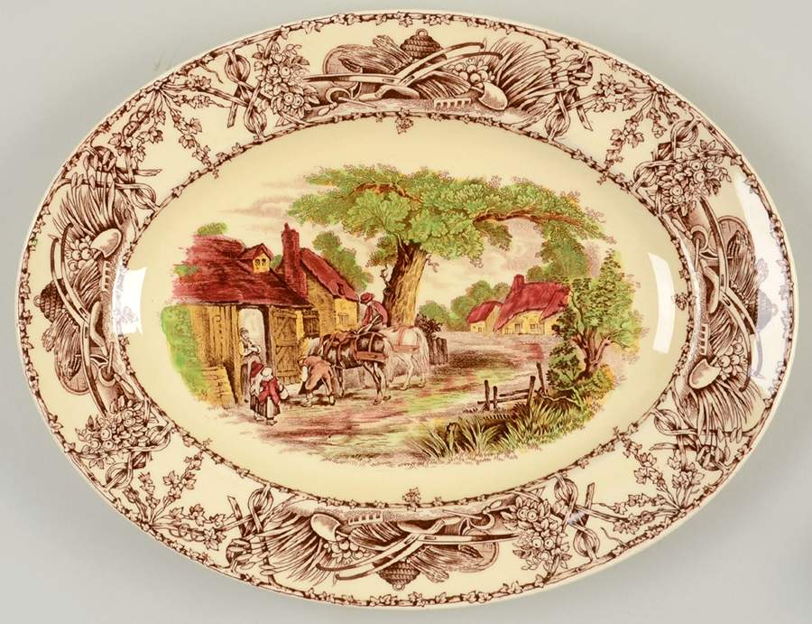 Rural Scenes Brown Multicolor 12" Oval Serving Platter by Arthur J Wilkinson-1