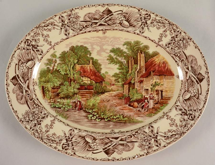 Rural Scenes Brown Multicolor 15" Oval Serving Platter by Arthur J Wilkinson-1