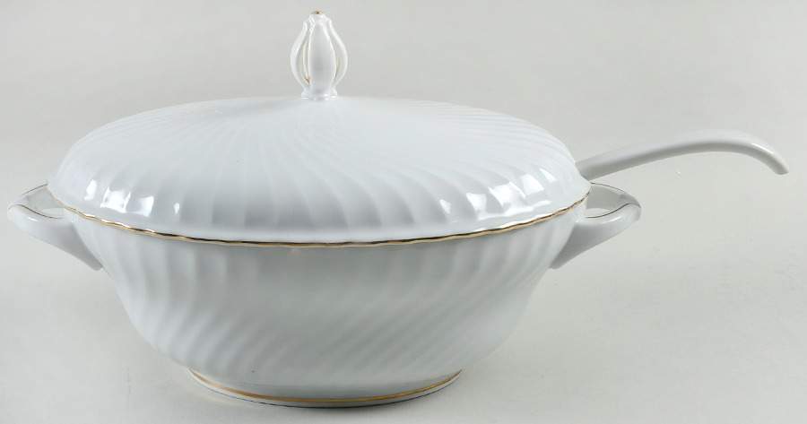 Annette (Gold Trim) Oval Tureen & Lid and Ladle by Royal Tettau-1