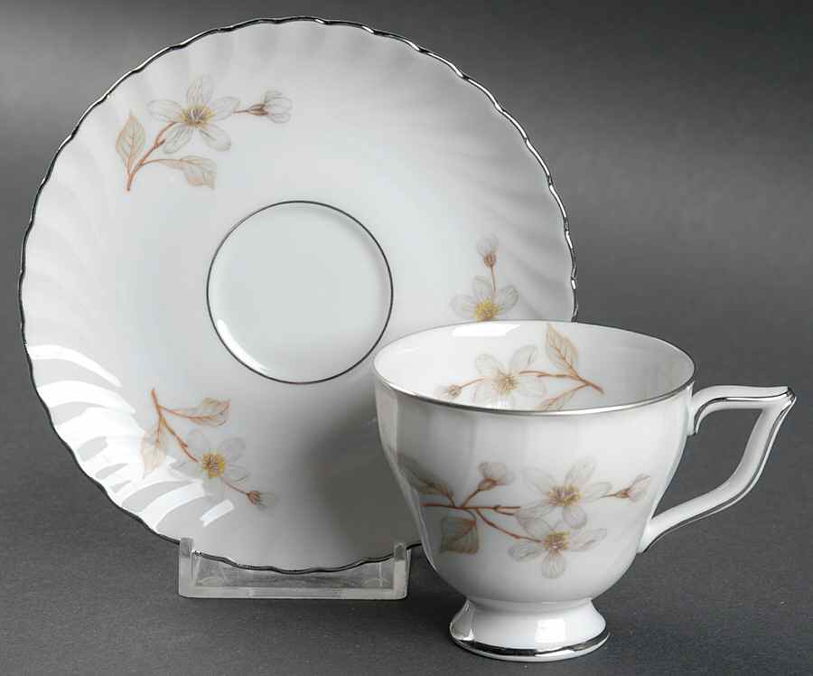 Dogwood (Platinum Trim) Footed Demitasse Cup & Saucer Set by Royal Tettau-1