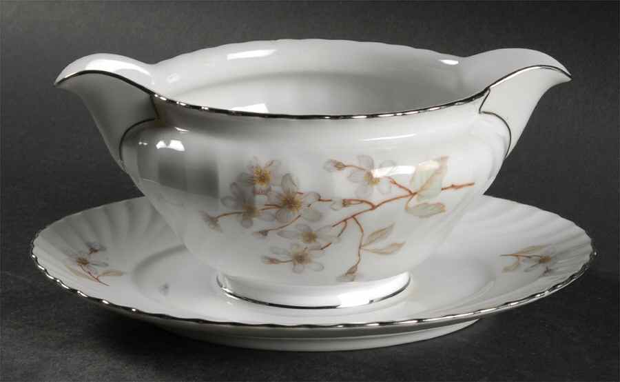 Dogwood (Platinum Trim) Gravy Boat with Attached Underplate by Royal Tettau-1