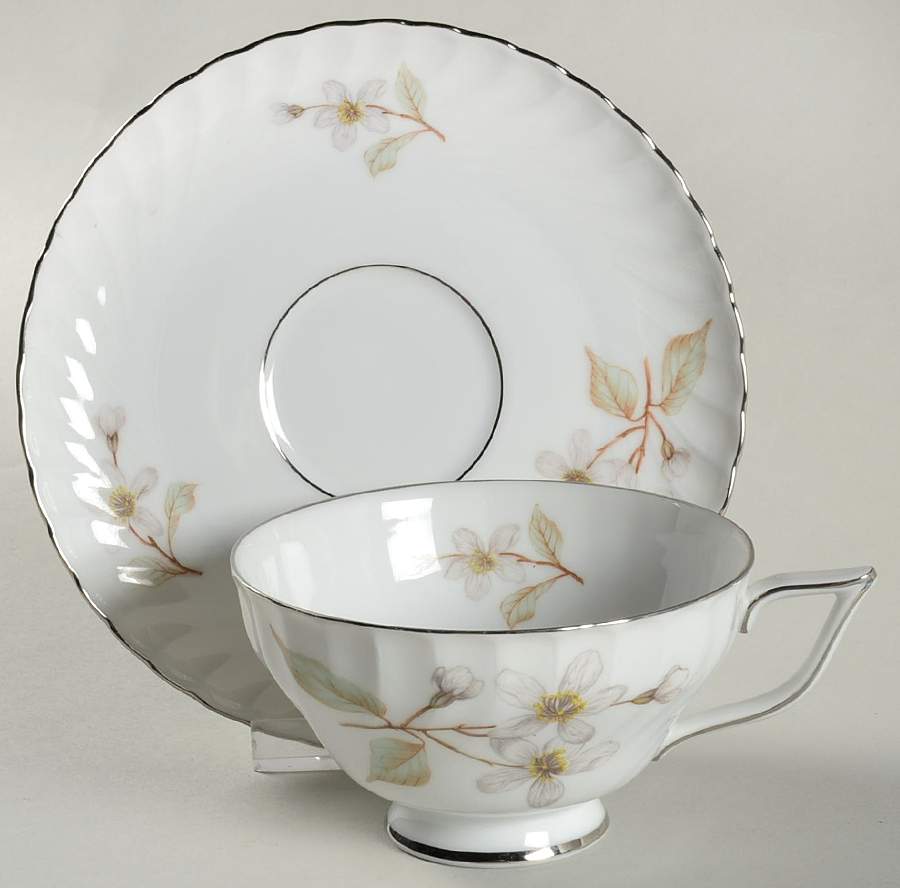 Dogwood (Platinum Trim) Footed Cup & Saucer Set by Royal Tettau-1