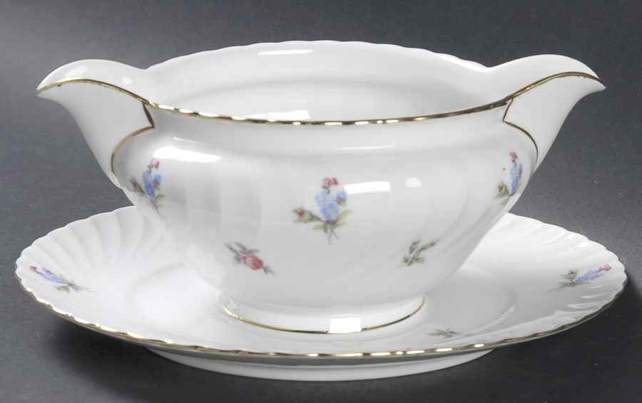 Dresden Flowers (Gold Trim) Gravy Boat with Attached Underplate by Royal Tettau-1