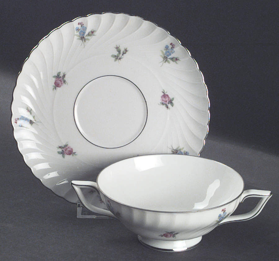 Dresden Flowers (Platinum Trim) Footed Cream Soup Bowl & Saucer Set by Royal Tettau-1
