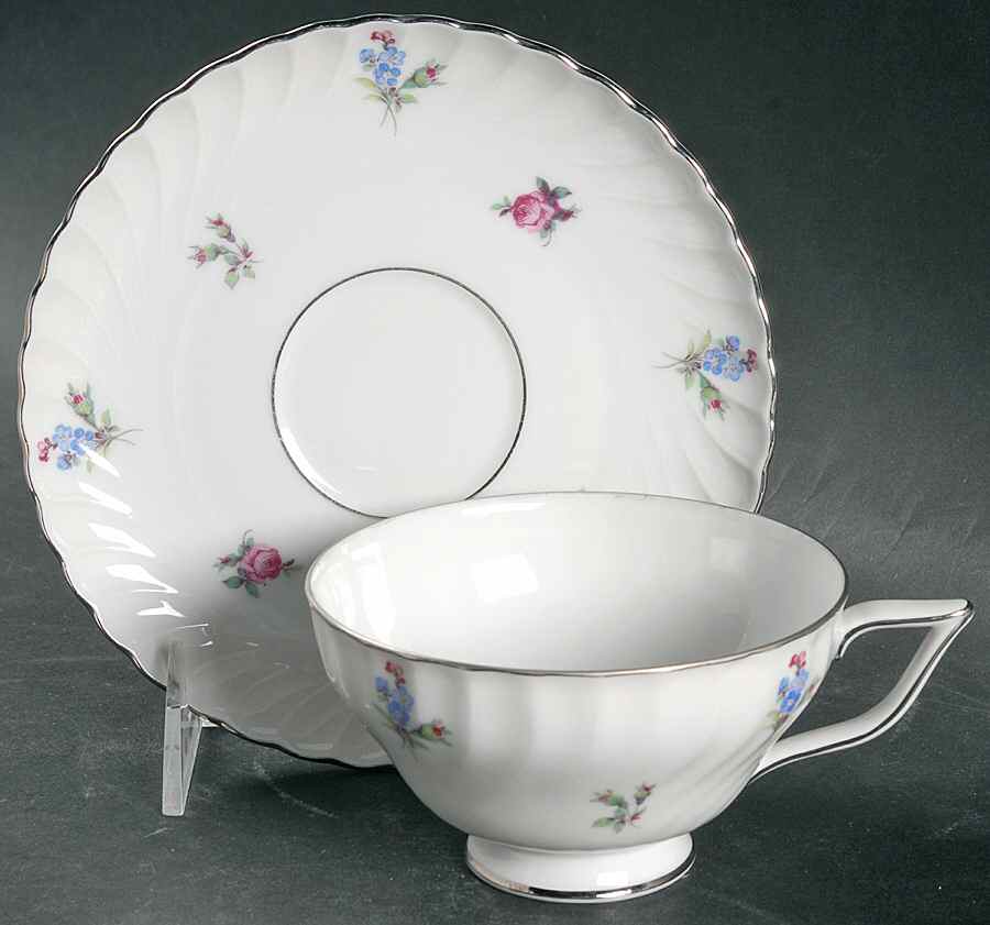 Dresden Flowers (Platinum Trim) Footed Cup & Saucer Set by Royal Tettau-1