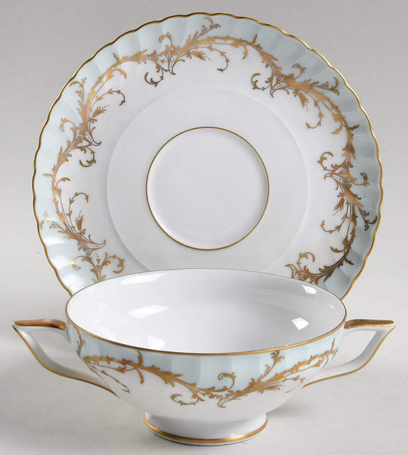 Elegance Blue Green (Gold Trim) Footed Cream Soup Bowl & Saucer Set by Royal Tettau-1