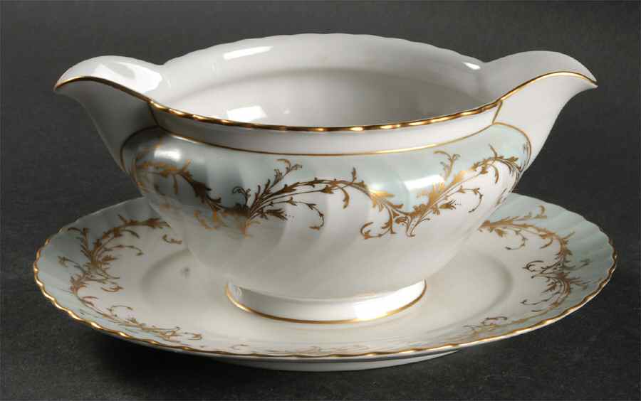 Elegance Blue Green (Gold Trim) Gravy Boat with Attached Underplate by Royal Tettau-1