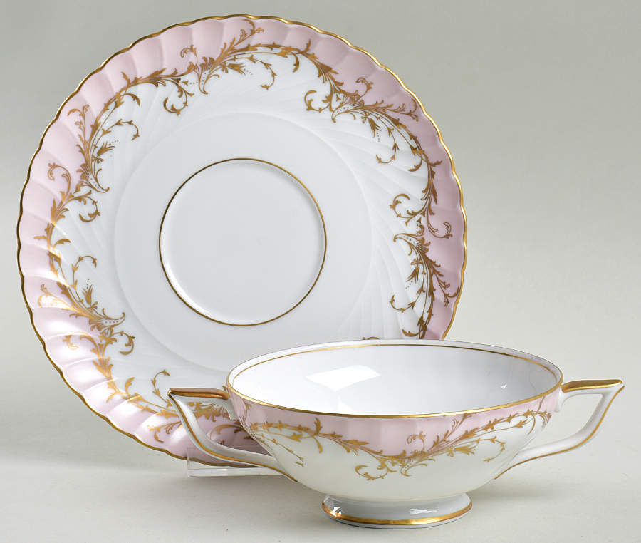 Elegance Rose (Pink, Gold Trim) Footed Cream Soup Bowl & Saucer Set by Royal Tettau-1