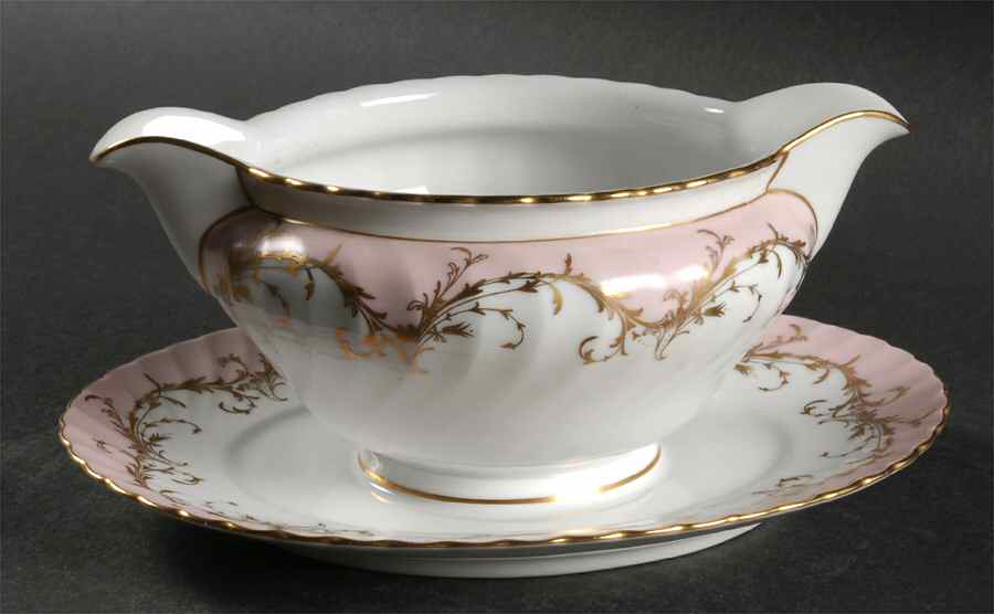 Elegance Rose (Pink, Gold Trim) Round Gravy Boat/Attached Underplate by Royal Tettau-1