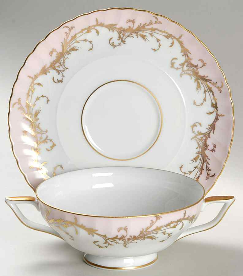 Elegance Rose (Pink, Gold Trim) Footed Cream Soup Bowl & Saucer Set by Royal Tettau-1