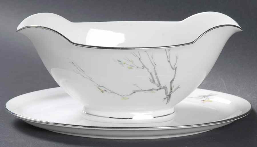 Gray Bark (Platinum Trim) Gravy Boat with Attached Underplate by Royal Tettau-1