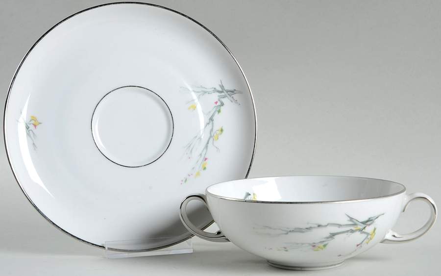 Gray Bark (Platinum Trim) Flat Cream Soup Bowl & Saucer Set by Royal Tettau-1