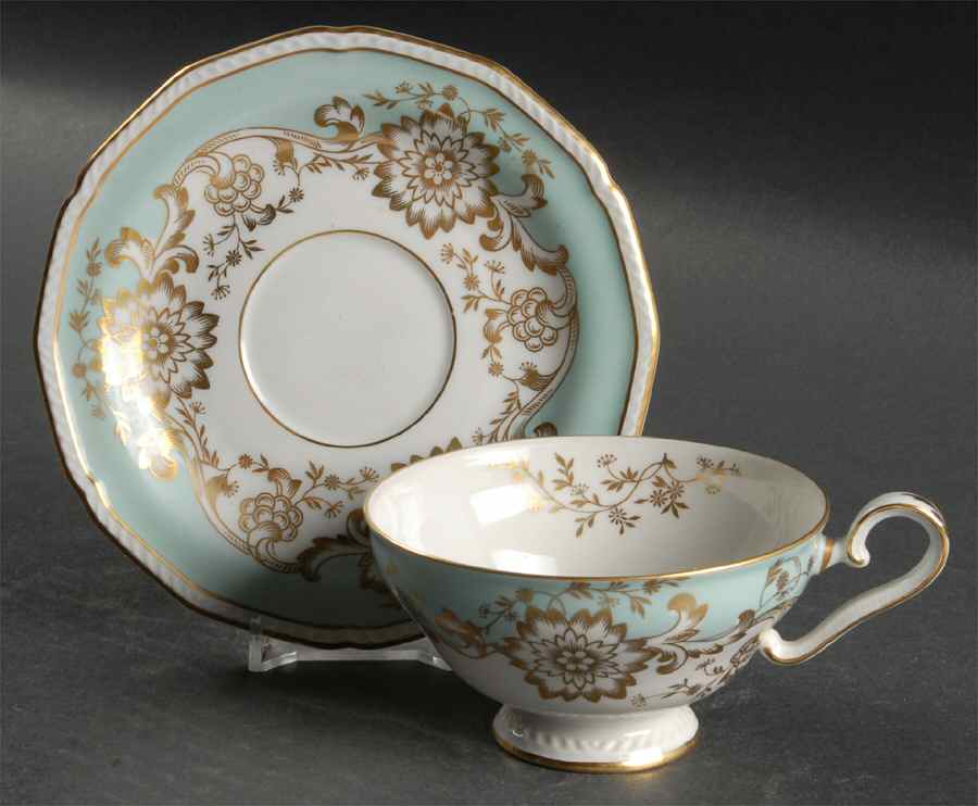Old Brocade Blue Green Footed Cup & Saucer Set by Royal Tettau-1