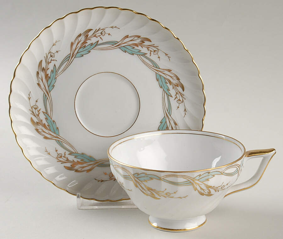 Princess Blue Green (Gold Trim) Footed Cup & Saucer Set by Royal Tettau-1
