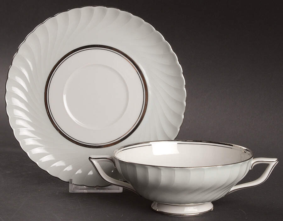 South Wind Grey Green Footed Cream Soup Bowl & Saucer Set by Royal Tettau-1
