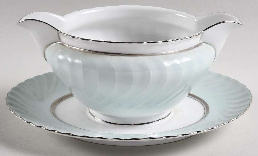 South Wind Grey Green Gravy Boat with Attached Underplate by Royal Tettau-1
