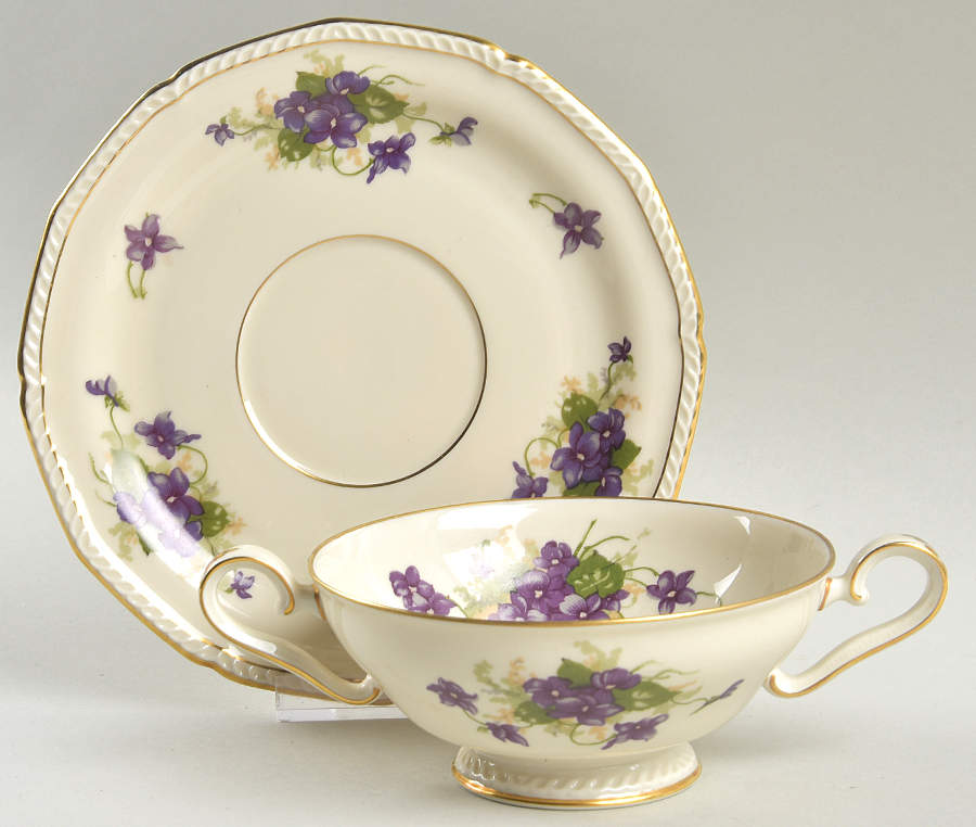 Violet (Gold Trim) Footed Cream Soup Bowl & Saucer Set by Royal Tettau-1
