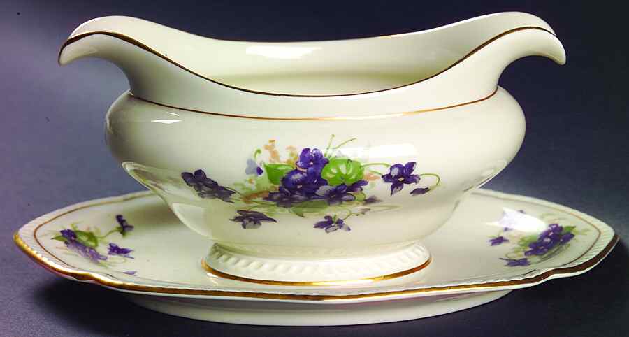 Violet (Gold Trim) Gravy Boat with Attached Underplate by Royal Tettau-1