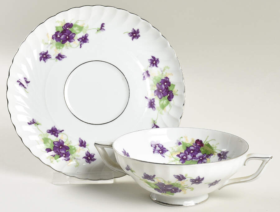 Viola (Platinum Trim) Footed Cream Soup Bowl & Saucer Set by Royal Tettau-1