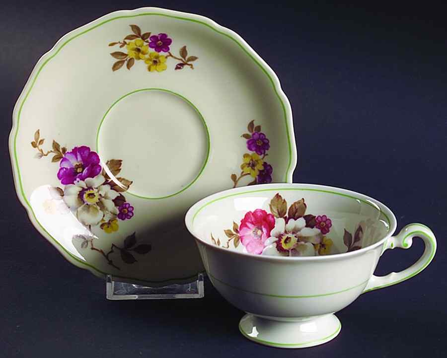 Apple Blossom (Green Trim) Footed Cup & Saucer Set by Royal York (Germany)-1