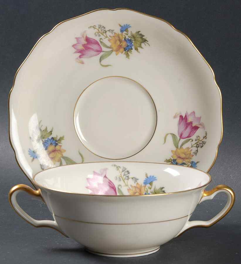 Bridal Bouquet Flat Cream Soup Bowl & Saucer Set by Royal York (Germany)-1
