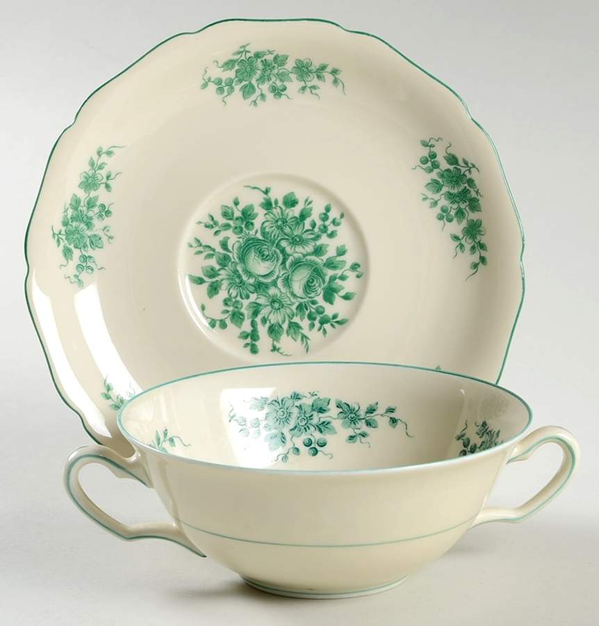 Green Roses Flat Cream Soup Bowl & Saucer Set by Royal York (Germany)-1