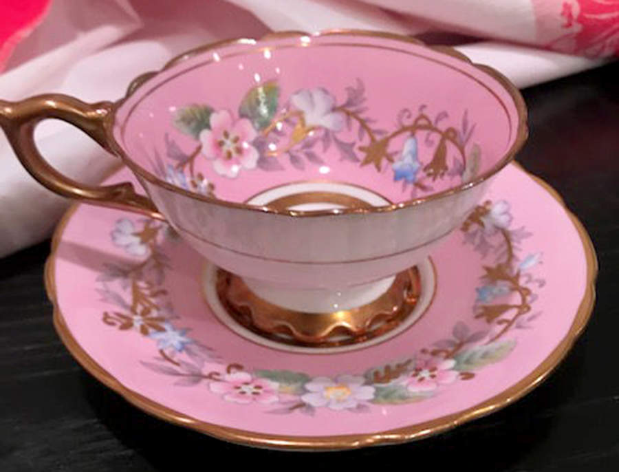Garland Pink Footed Cup & Saucer Set by Royal Stafford-1