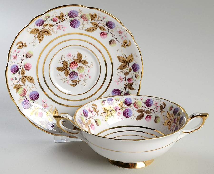 Golden Bramble (3 Gold Lines) Footed Cream Soup Bowl & Saucer Set by Royal Stafford-1