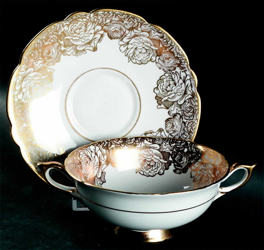 Golden Bouquet Footed Cream Soup Bowl & Saucer Set by Royal Stafford-1