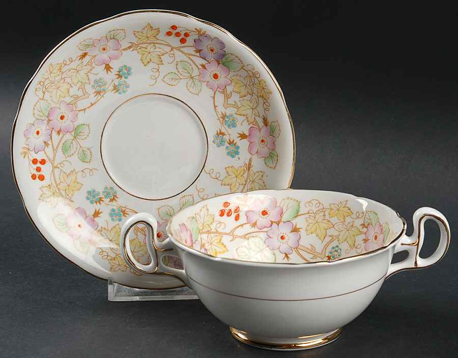 Hedgerow (Bone, Vine with Berries) Footed Cream Soup Bowl & Saucer Set by Royal Stafford-1