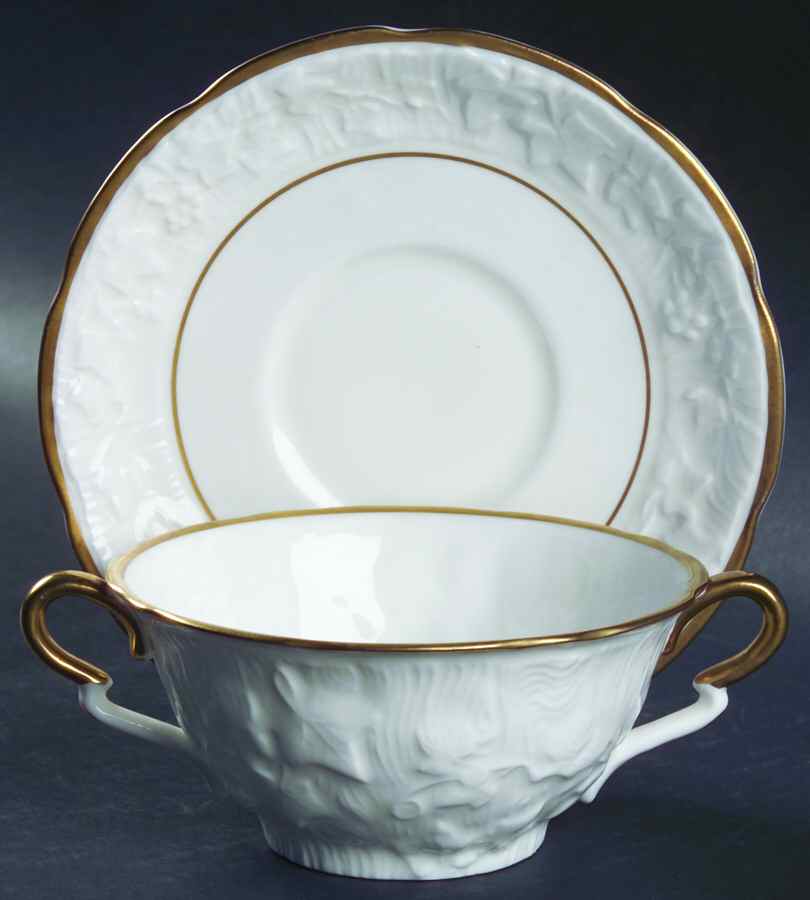 Old English Oak Gold Flat Cream Soup Bowl & Saucer Set by Royal Stafford-1