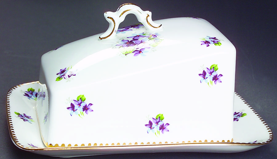 Sweet Violets (Not Embossed, Gold Drops Edge) Cheese Dish with Lid (Wedge) by Royal Stafford-1