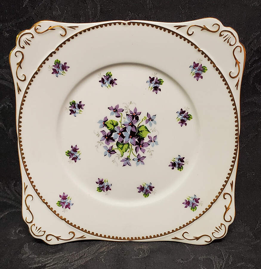 Sweet Violets (Not Embossed, Gold Drops Edge) 8" Square Cake Plate by Royal Stafford-1