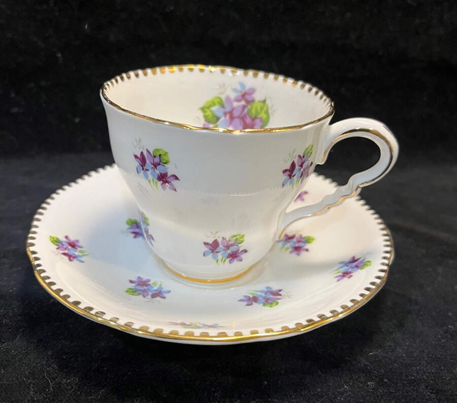 Sweet Violets (Not Embossed, Gold Drops Edge) Footed Cup & Saucer Set by Royal Stafford-1
