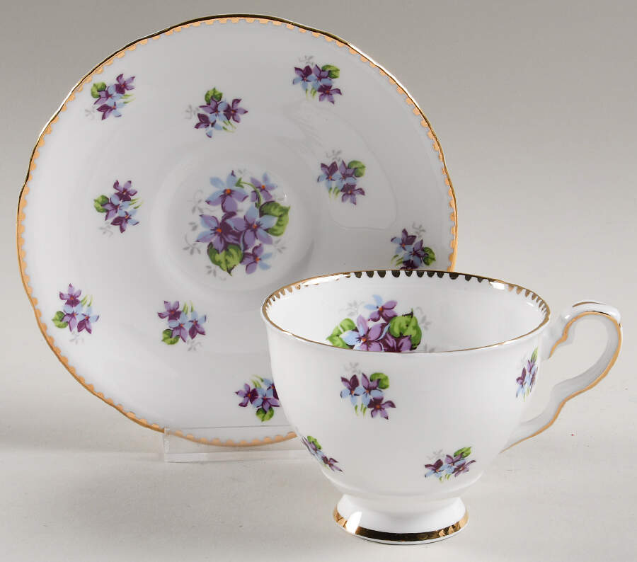 Sweet Violets (Not Embossed, Gold Drops Edge) Footed Cup & Saucer Set by Royal Stafford-1