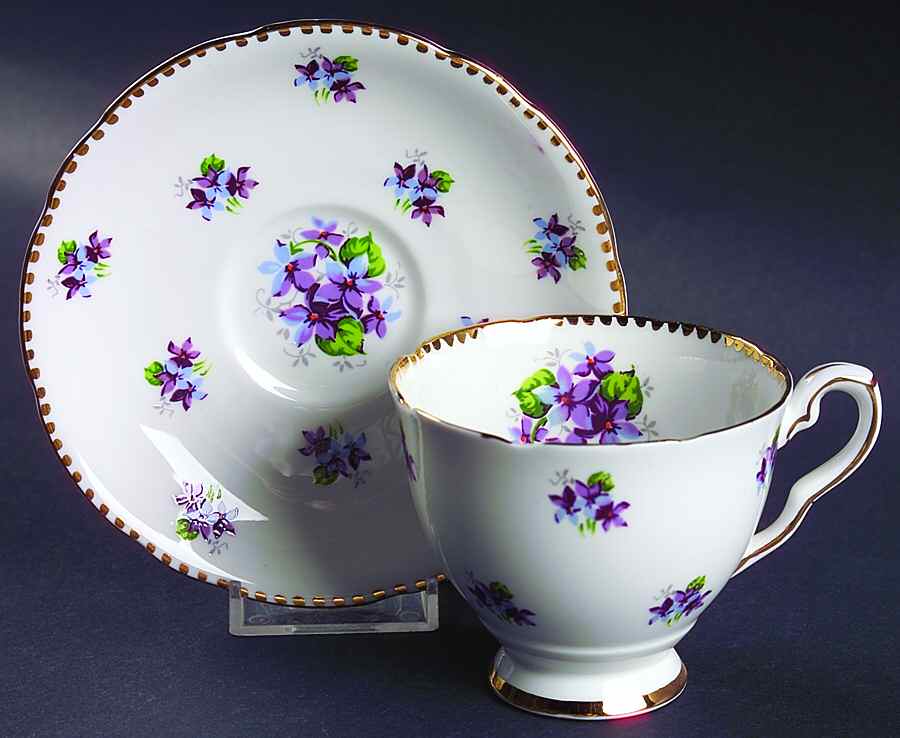Sweet Violets (Not Embossed, Gold Drops Edge) Footed Cup & Saucer Set by Royal Stafford-1